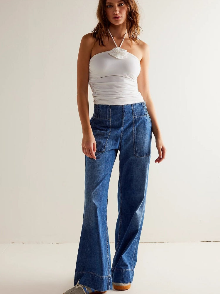 Elastic Waist Wide-Leg Jeans