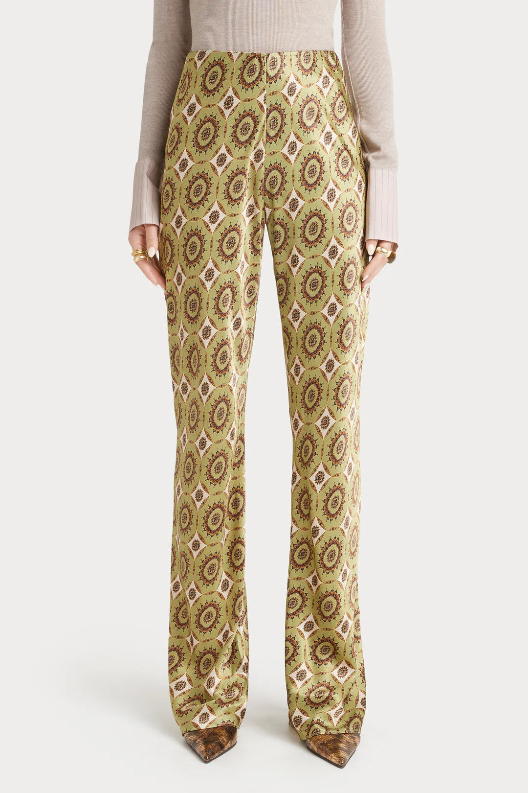 Printed Satin Bias-Cut Flare Pants